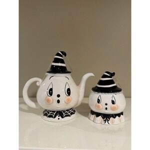 Johanna Parker Transpac Halloween Ghost Teapot and Sugar Bowl Set Black White